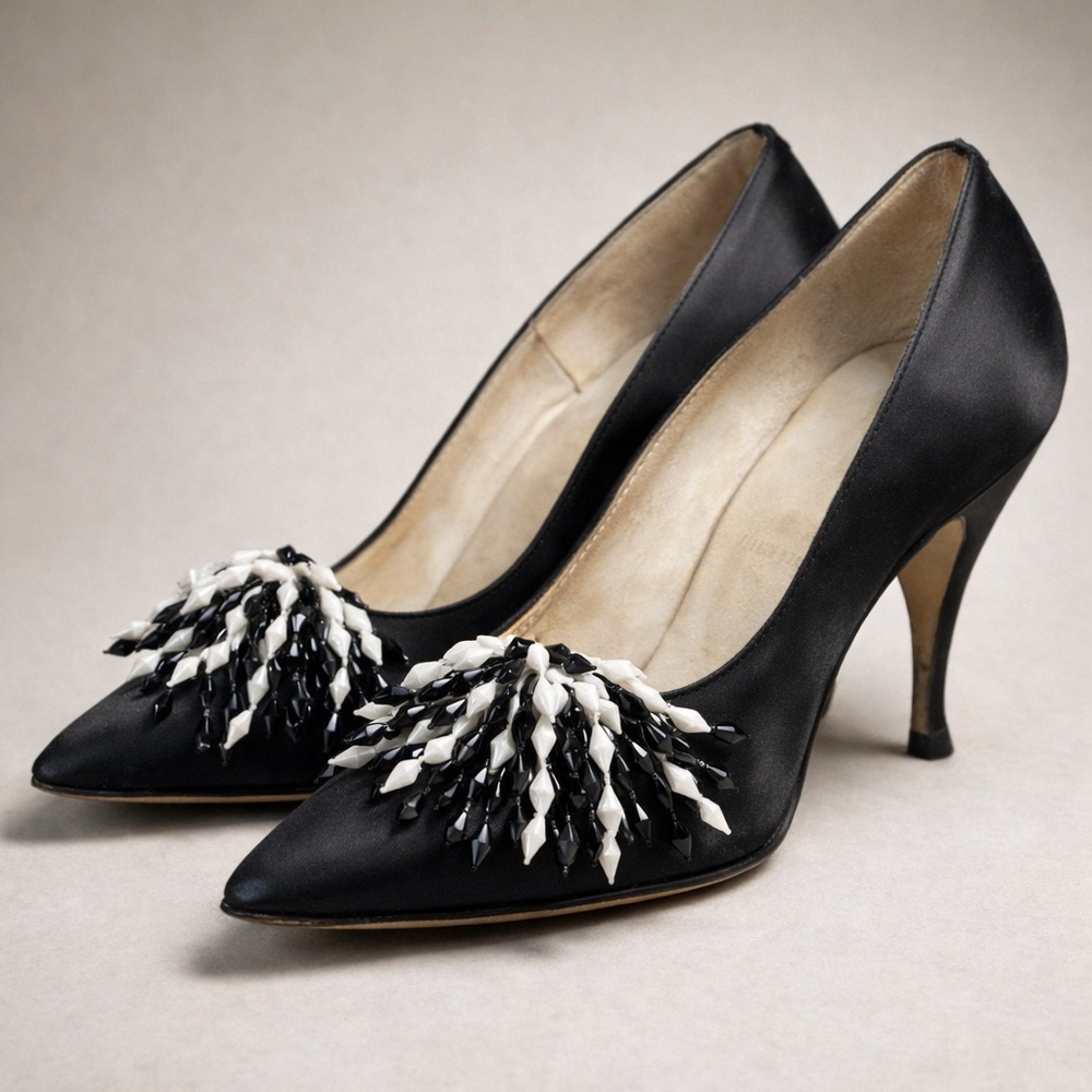 Vintage Black and White splay beaded shoe clips